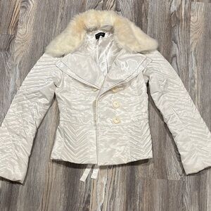 Bebe White Jacket with Rabbit Fur Collar